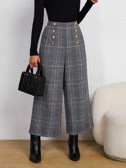 Pantalones Anchos de Cuadros Grises Elegantes para Mujeres con Cintura Alta y Estilo Ajustado