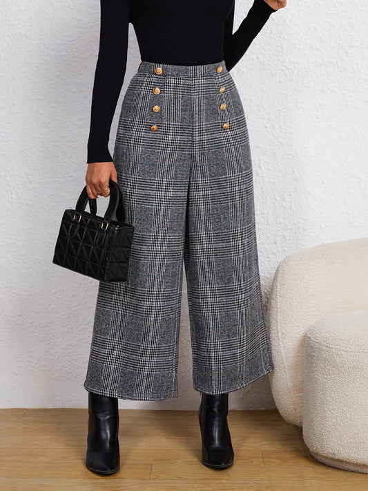 Pantalones Anchos de Cuadros Grises Elegantes para Mujeres con Cintura Alta y Estilo Ajustado