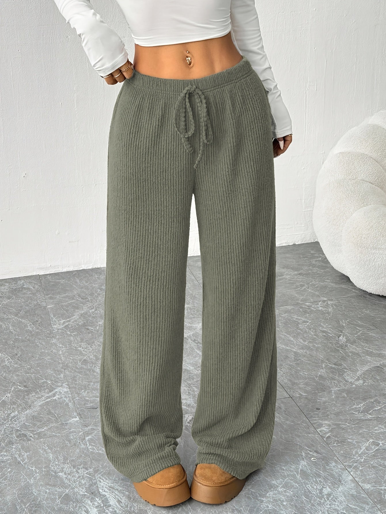 Pantalones Anchos de Punto Acanalado para Mujeres con Cintura Alta y Cuerda de Ajuste, Estilo Casual Relajado