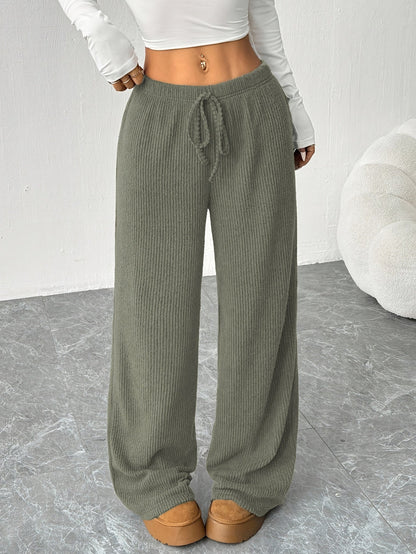 Pantalones Anchos de Punto Acanalado para Mujeres con Cintura Alta y Cuerda de Ajuste, Estilo Casual Relajado