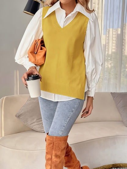 Chaleco de Punto Acanalado Cómodo para Mujeres con Cuello en V, Sin Mangas y Estilo Relajado y Oversized