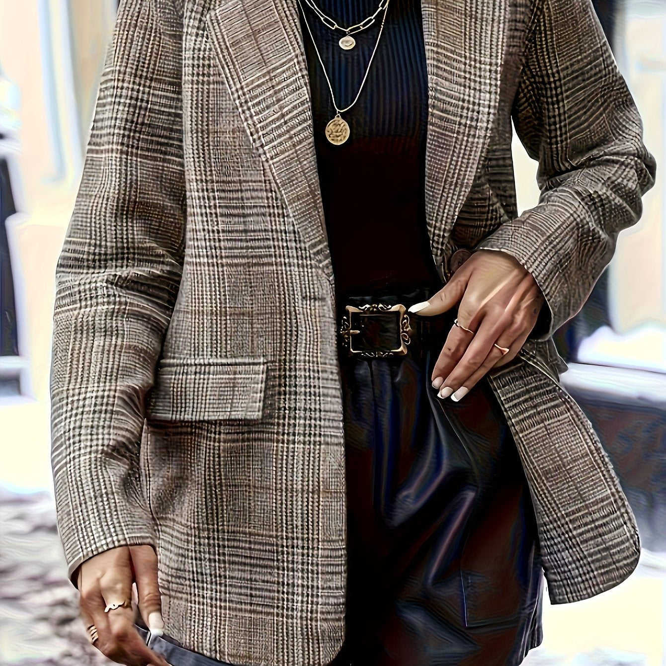 Blazer de Cuadros Elegante para Mujeres con Solapa de Muesca, Manga Larga y Estilo Oversized