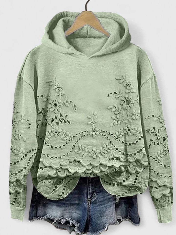 Sudadera con Capucha de Ojal Floral sin Esfuerzo para Mujeres con Mangas Largas y Dobladillo Ondulado Estilo Casual Corto