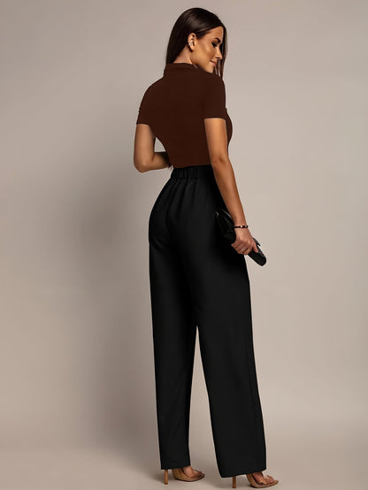 Pantalones de Pierna Ancha Sin Esfuerzo para Mujeres con Cintura Alta y Frente Plisado en Estilo Relajado y Ajustado