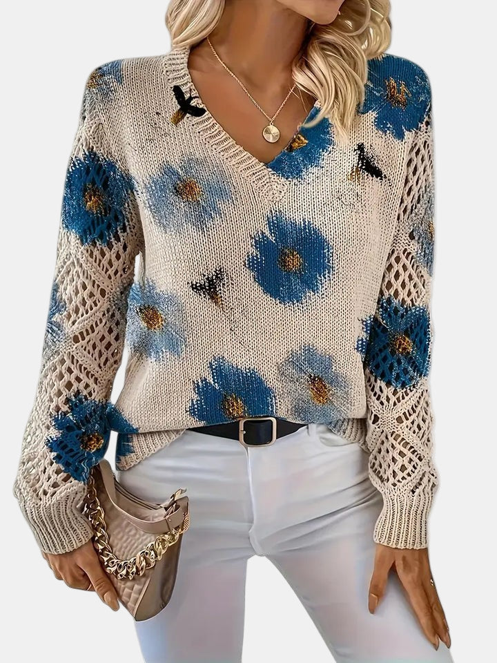 Suéter de Ganchillo Floral Cómodo para Mujeres con Cuello en V y Mangas de Globo, Estilo Oversized