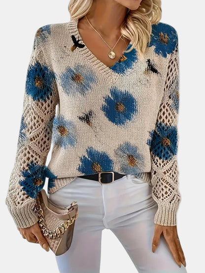 Suéter de Ganchillo Floral Cómodo para Mujeres con Cuello en V y Mangas de Globo, Estilo Oversized