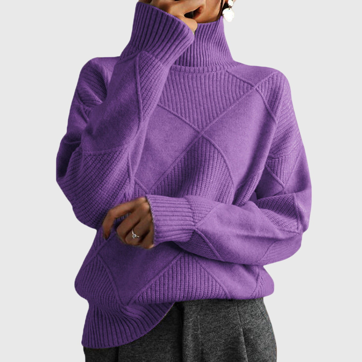 Suéter de Punto Argyle Cómodo para Mujeres con Cuello Alto, Manga Larga y Estilo Oversized Relajado