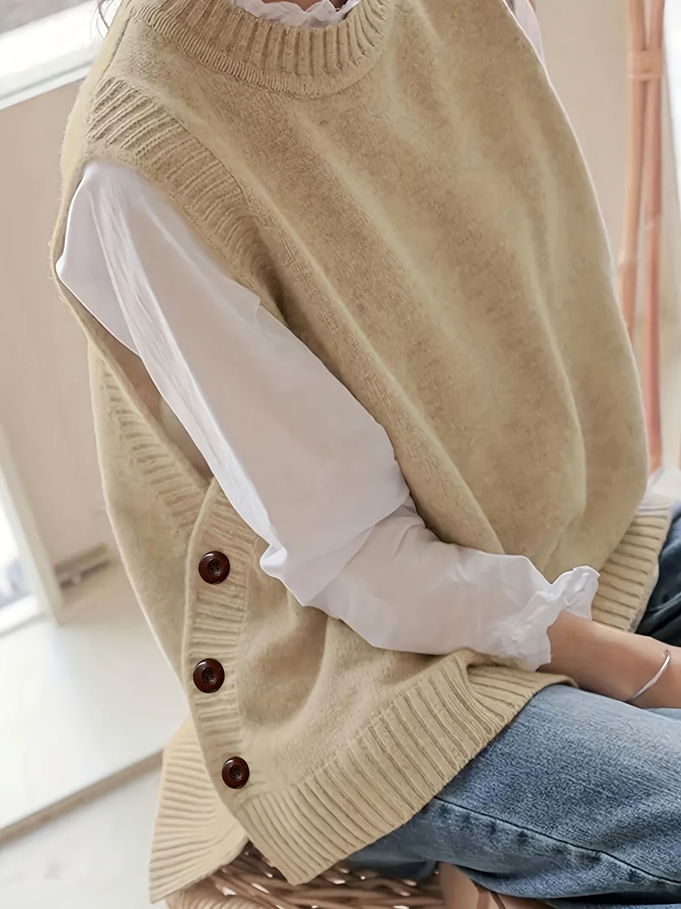 Chaleco de Punto Acanalado Cómodo para Mujeres con Cuello Alto Sin Mangas y Estilo Relajado con Botones Lateral
