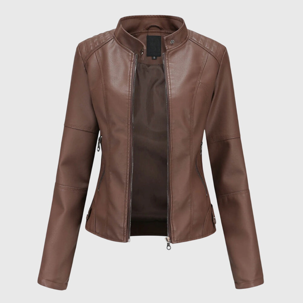 Chaqueta de Moto de Cuero Sintético Elegante para Mujeres con Cuello Alto, Manga Larga y Estilo Ajustado