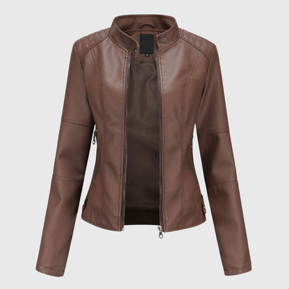 Chaqueta de Moto de Cuero Sintético Elegante para Mujeres con Cuello Alto, Manga Larga y Estilo Ajustado