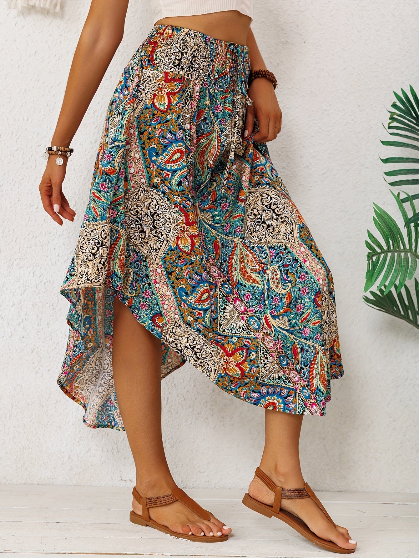 Falda Maxi Paisley Multicolor Sin Esfuerzo para Mujeres con Cintura Alta, Cuerda Ajustable y Dobladillo Asimétrico Estilo Bohemio