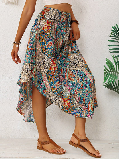 Falda Maxi Paisley Multicolor Sin Esfuerzo para Mujeres con Cintura Alta, Cuerda Ajustable y Dobladillo Asimétrico Estilo Bohemio