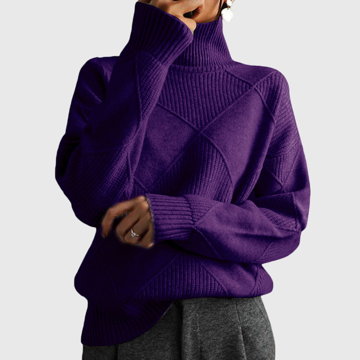 Suéter de Punto Argyle Cómodo para Mujeres con Cuello Alto, Manga Larga y Estilo Oversized Relajado