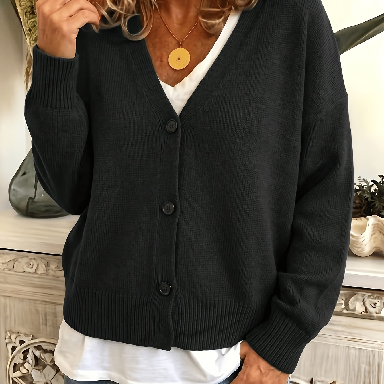 Suéter Cardigan Cómodo para Mujeres con Cuello en V, Manga Larga, Botones en la Parte Delantera, Estilo Relajado y Oversized