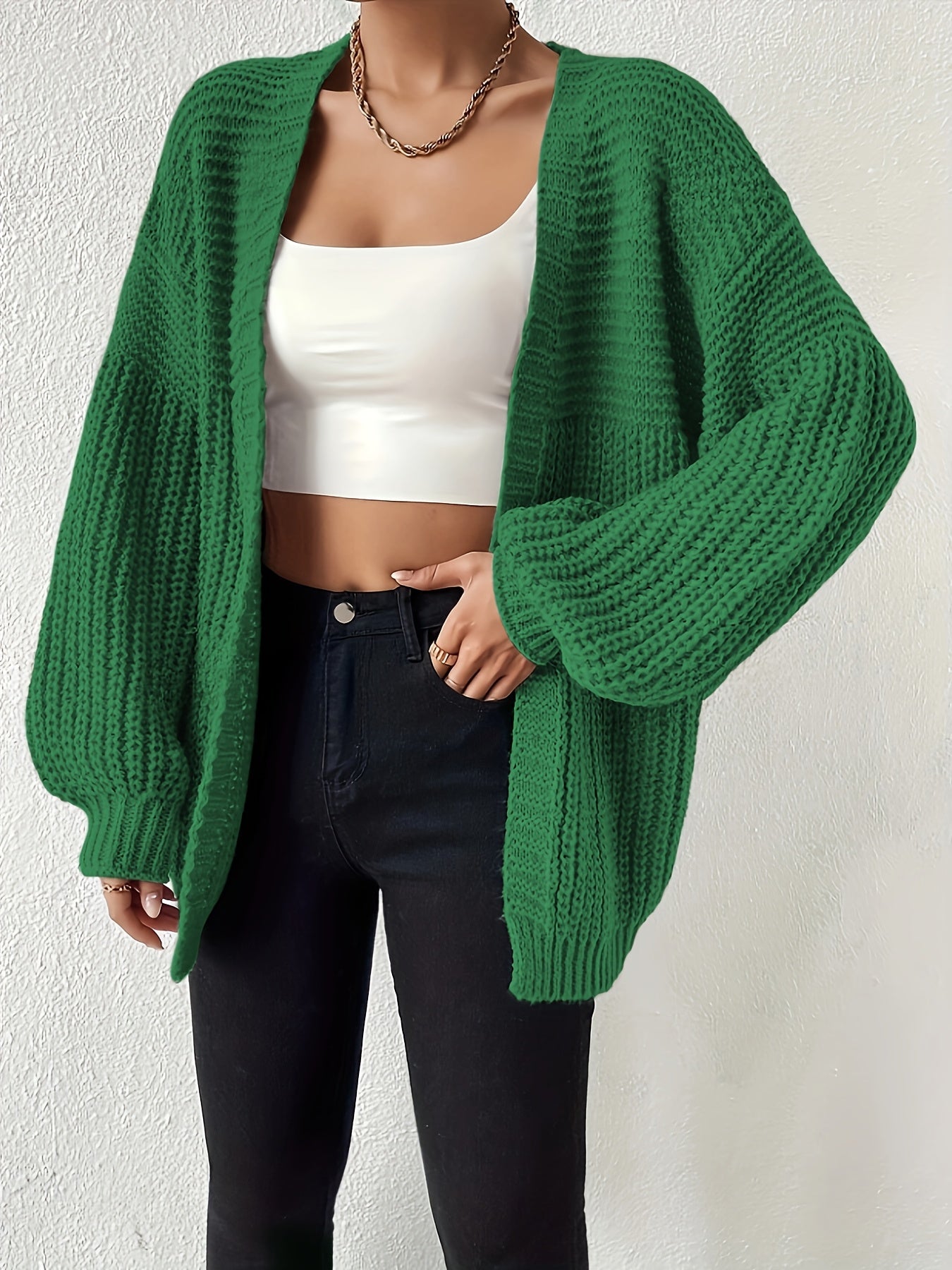 Cárdigan de Punto Grueso Cómodo para Mujeres con Frente Abierto y Mangas Globo, Estilo Oversized y Relajado