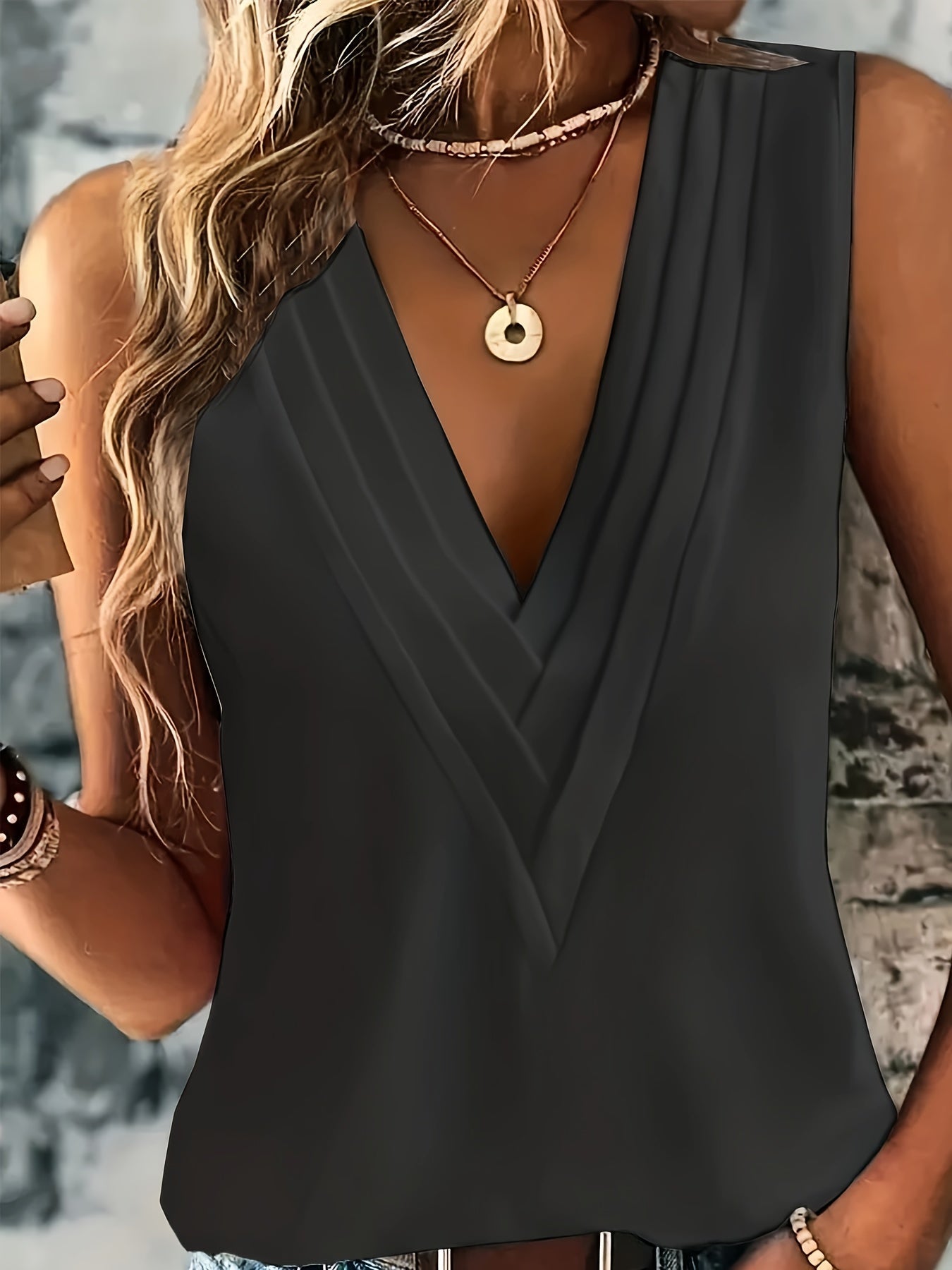 Blusa Sin Esfuerzo para Mujeres con Escote en V, Sin Mangas, Estilo Túnica Draped