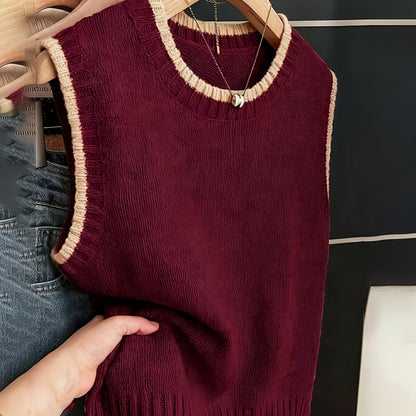 Chaleco de Suéter de Contraste Cómodo para Mujeres con Cuello Redondo, Sin Mangas, dobladillo Acanalado, Estilo Oversized