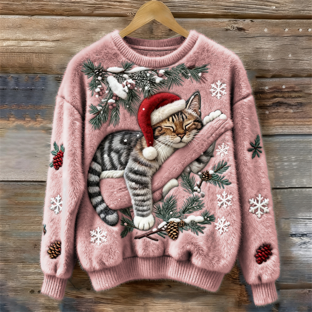 Suéter Cómodo con Estampado de Gato para Mujeres, Cuello Redondo, Manga Larga, Bordado de Copo de Nieve, Estilo Oversized de Tejido