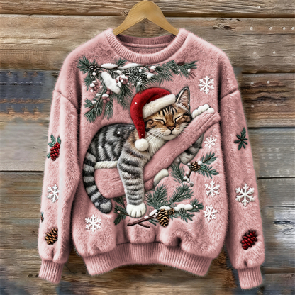 Suéter Cómodo con Estampado de Gato para Mujeres, Cuello Redondo, Manga Larga, Bordado de Copo de Nieve, Estilo Oversized de Tejido
