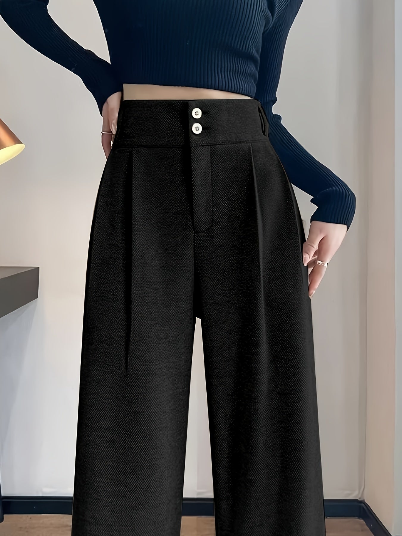 Pantalones Elegantes de Pierna Ancha en Pata de Gallo para Mujeres con Cintura Alta y Cierre de Botón Frontal con Pliegues
