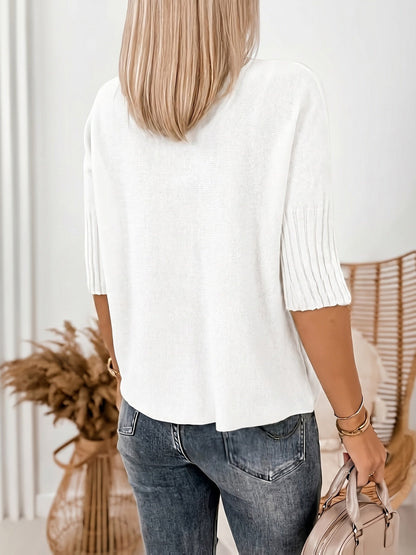Suéter Acogedor de Canalé para Mujeres con Cuello Alto y Mangas de Codo, Estilo Relajado y Oversized