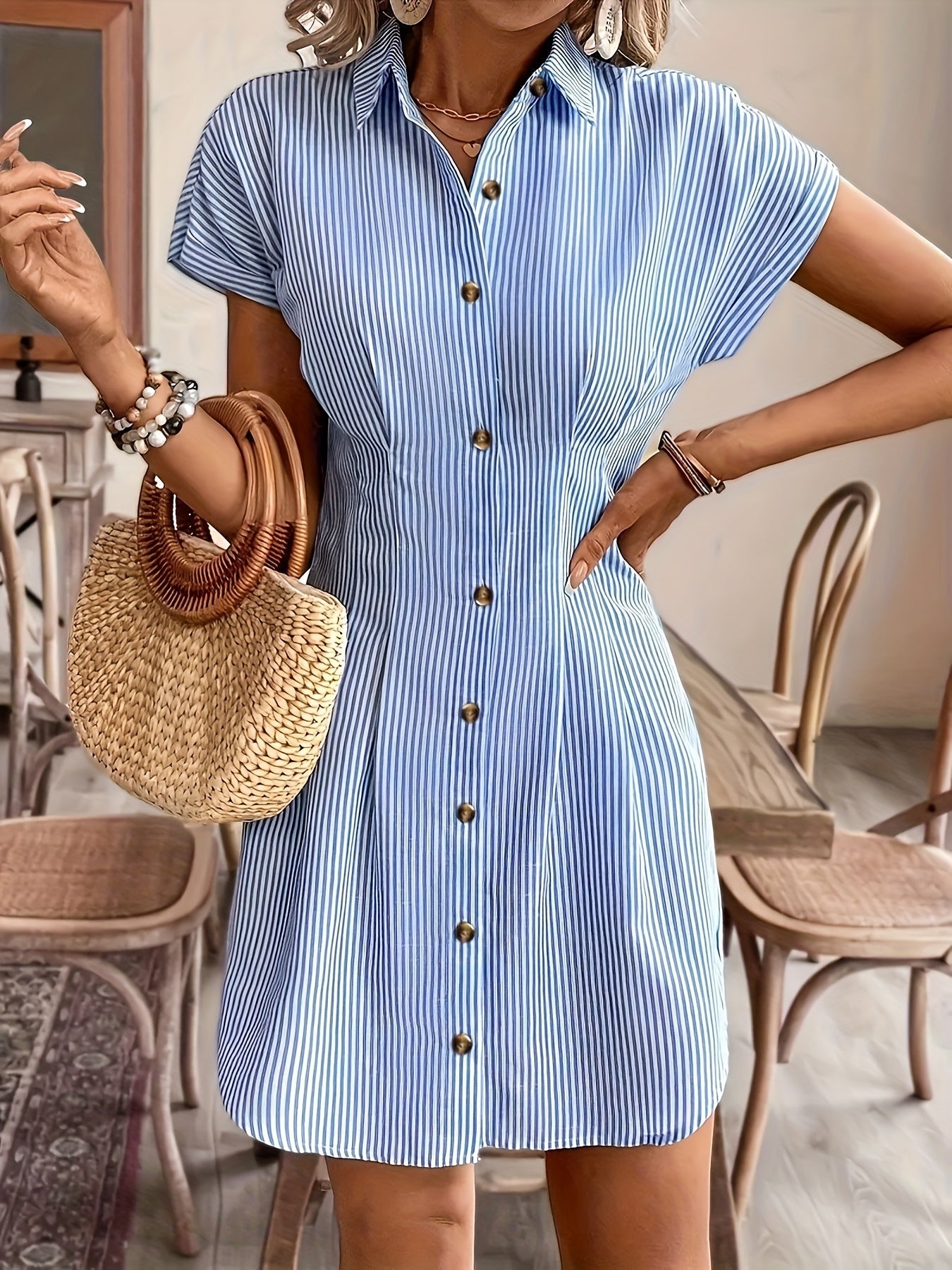 Vestido Camisa A-Line de Manga Corta a Rayas Elegante para Mujeres, Vestido Casual de Oficina de Verano de Cintura Alta con Botones en Pastel Claro, Fabricado en Poliéster Cómodo, Estilo Francés, Color Sólido, Vestido Camisa para Mujeres, Vestido Camisa C