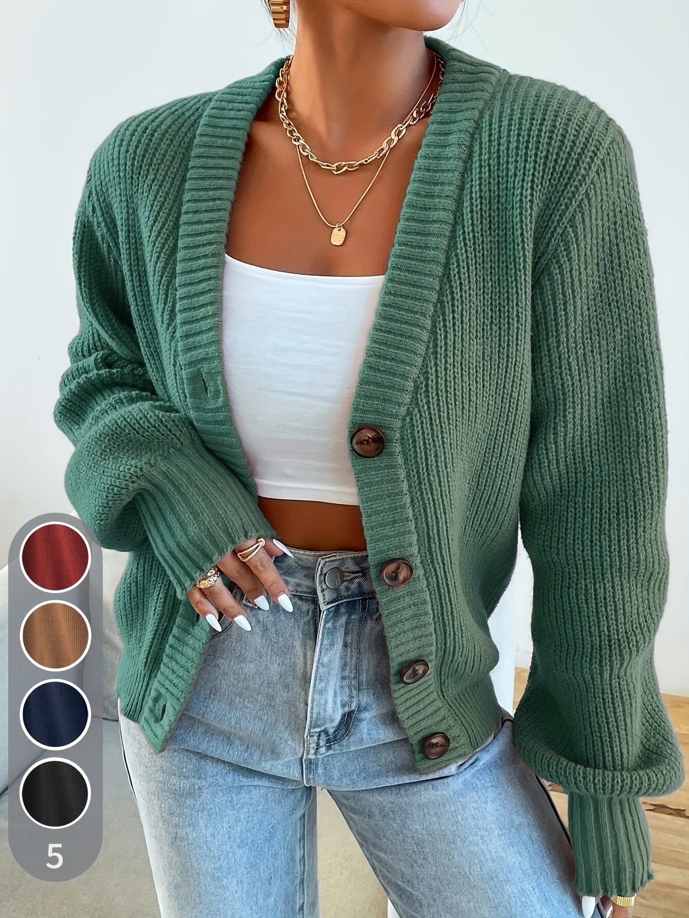 Cárdigan de Punto Acanalado Cómodo para Mujeres con Cuello en V, Mangas Globo, Botones en la Parte Frontal y Estilo Oversized