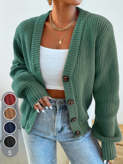 Cárdigan de Punto Acanalado Cómodo para Mujeres con Cuello en V, Mangas Globo, Botones en la Parte Frontal y Estilo Oversized