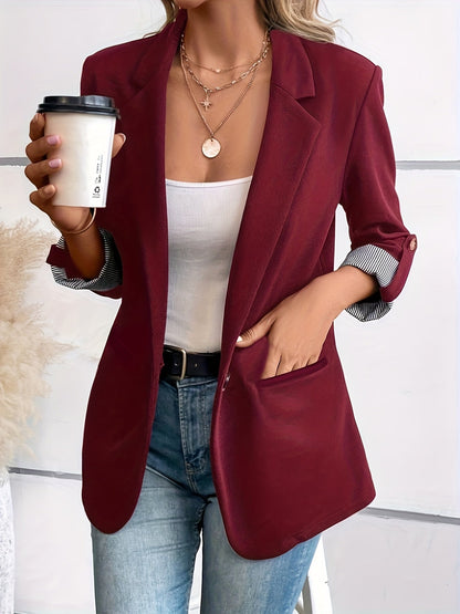Blazer Sin Esfuerzo para Mujeres con Cuello de Solapa, Manga Larga, Puño Rayado, Estilo Casual