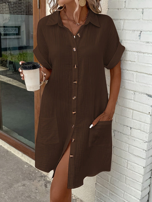 Vestido Camisa Texturizado Sin Esfuerzo para Mujeres con Cuello, Manga Corta, Botones Frontales, Estilo Casual Relajado