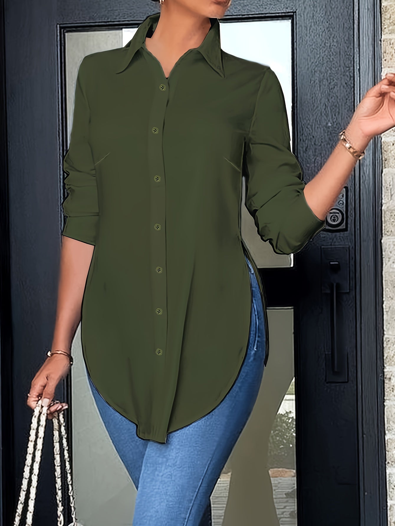 Blusa Tunic Sin Esfuerzo para Mujeres con Cuello, Manga Larga, Botones en la Parte Frontal, Estilo Relajado Alto-Bajo