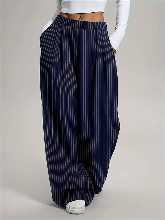 Pantalones Anchos de Rayas Marineras para Mujeres con Cintura Alta y Estilo Casual Plisado Sin Esfuerzo