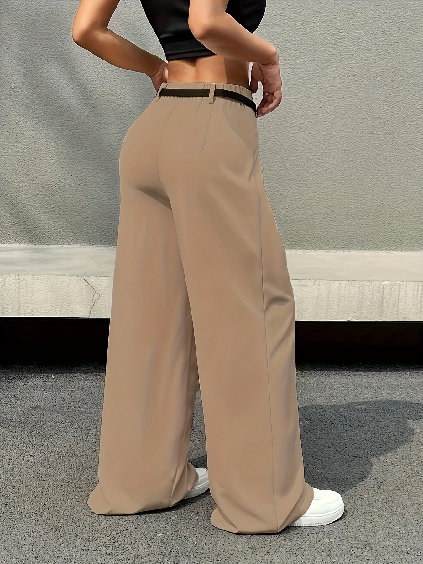 Pantalones de Pierna Ancha a Medida para Mujeres con Cintura Alta y Cinturón Plisado de Estilo Relajado