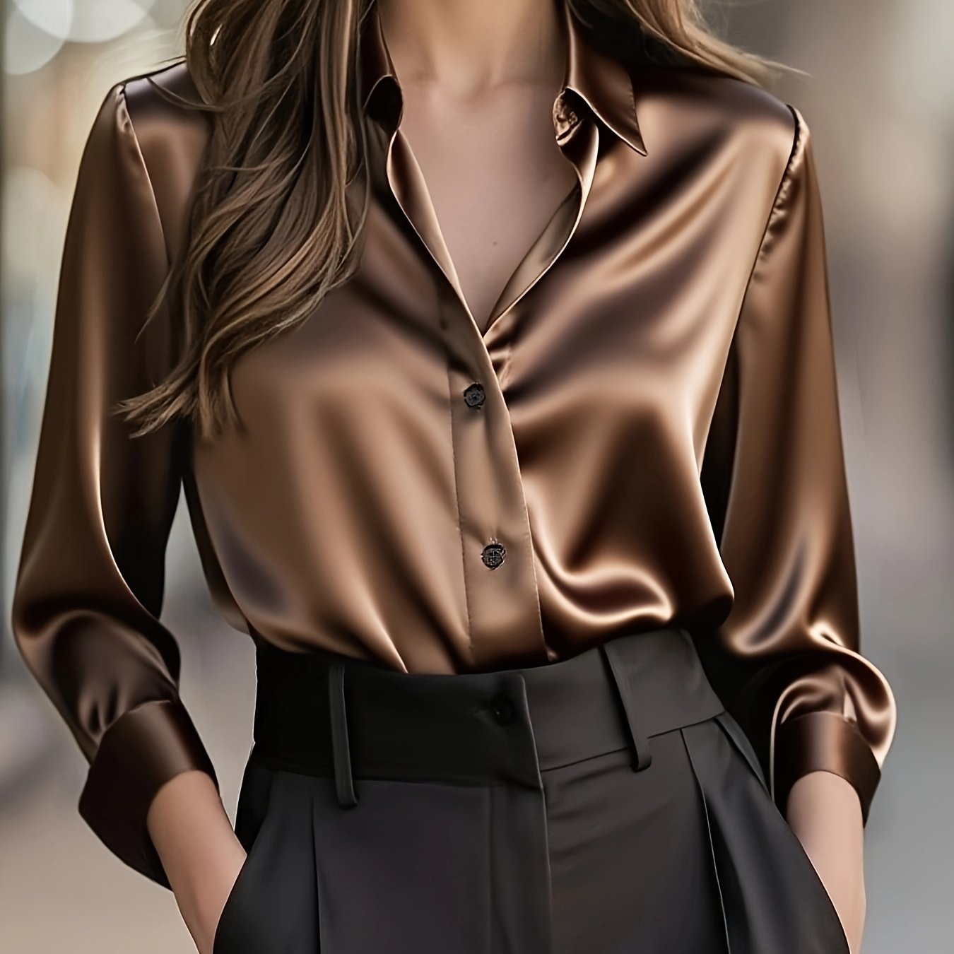 Blusa de Satén Elegante para Mujeres con Cuello, Manga Larga y Botones, Estilo Relajado y Sedoso