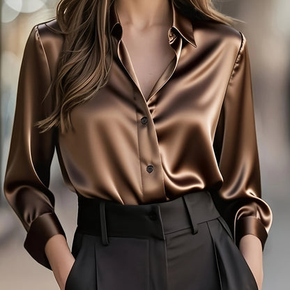 Blusa de Satén Elegante para Mujeres con Cuello, Manga Larga y Botones, Estilo Relajado y Sedoso