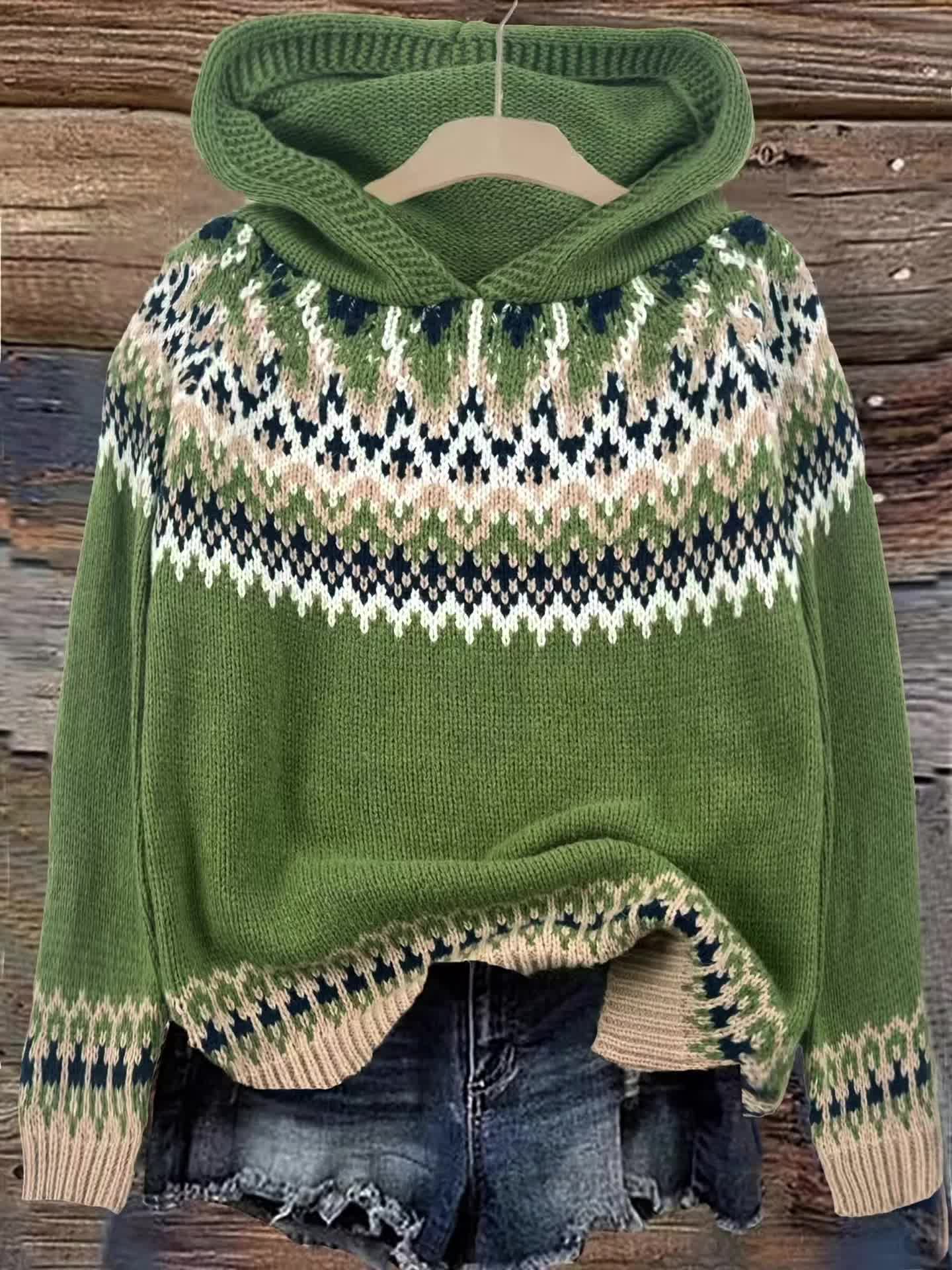 Suéter Cómodo Fair Isle para Mujeres con Capucha y Manga Larga Relajada de Estilo Oversized