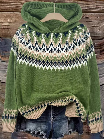 Suéter Cómodo Fair Isle para Mujeres con Capucha y Manga Larga Relajada de Estilo Oversized