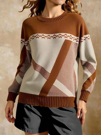 Suéter Geométrico Colorblock Cómodo para Mujeres con Cuello Redondo, Manga Larga, Estilo Relajado y Oversized