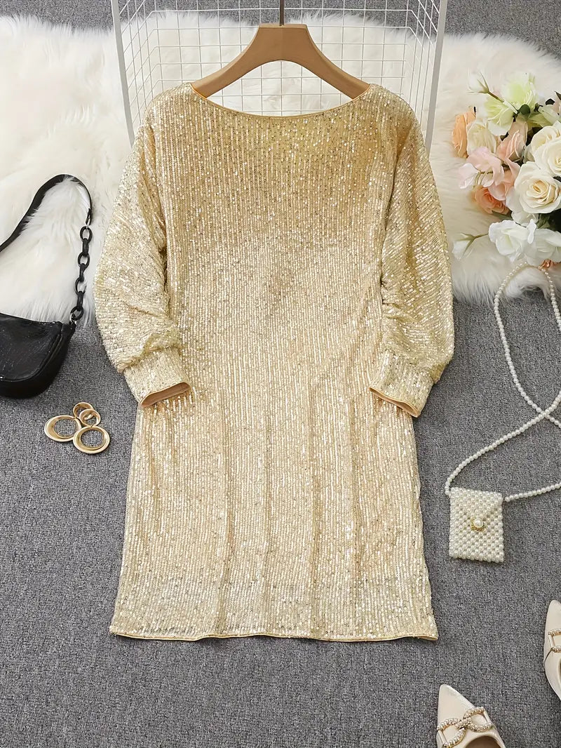 Elegante Vestido Mini de Lentejuelas para Mujeres con Manga Murciélago Descubierta Cuerpo Ajustado Brillante Estilo Formal para Fiestas