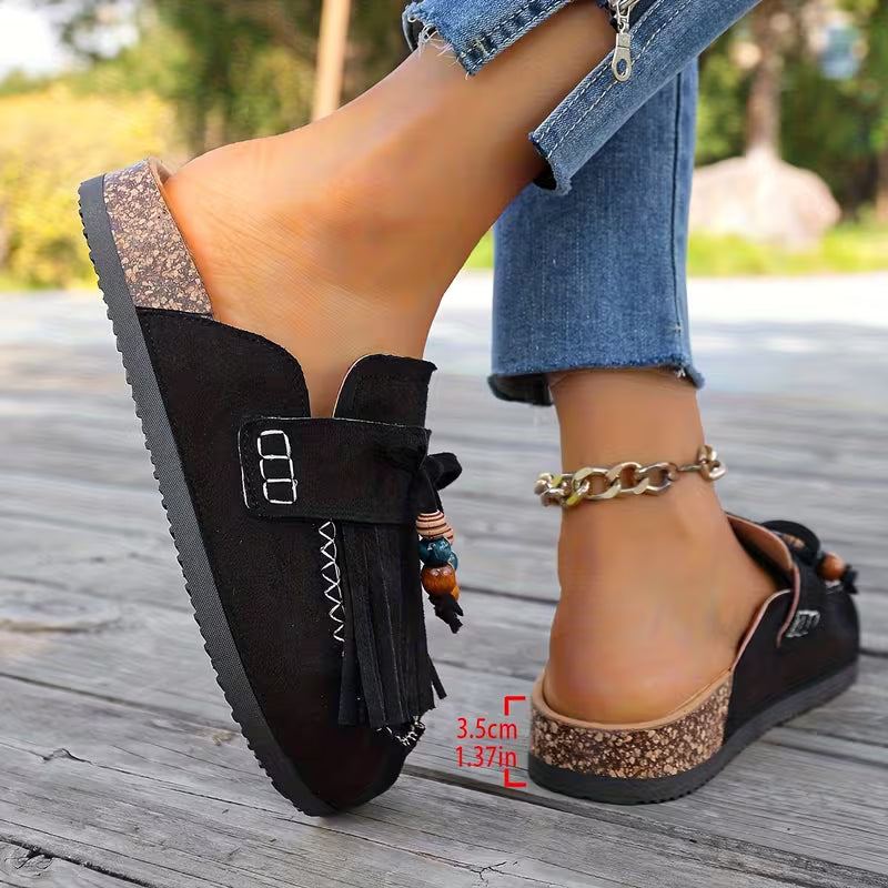 Mules Elegantes para Mujeres con Flecos, Borlas, Cuentas y Estilo Mocasín Slip On