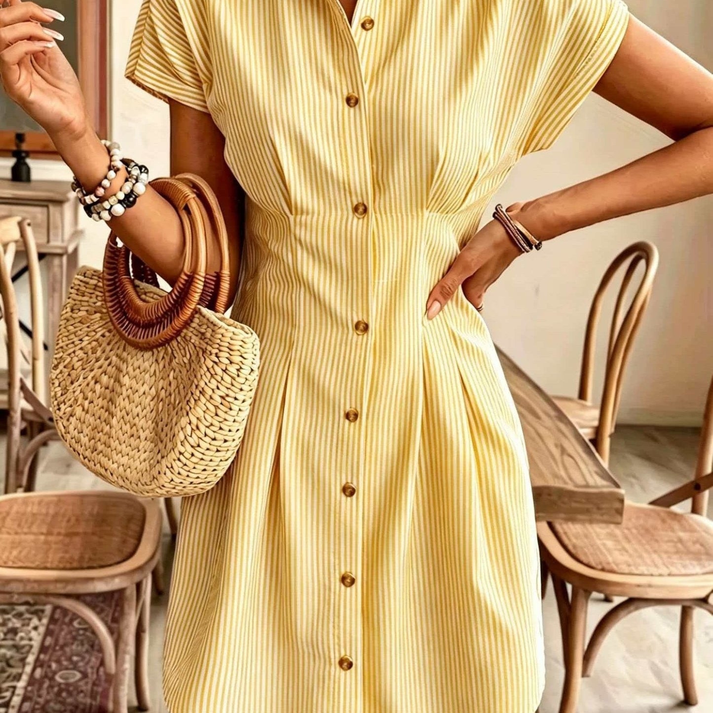Vestido Camisa A-Line de Manga Corta a Rayas Elegante para Mujeres, Vestido Casual de Oficina de Verano de Cintura Alta con Botones en Pastel Claro, Fabricado en Poliéster Cómodo, Estilo Francés, Color Sólido, Vestido Camisa para Mujeres, Vestido Camisa C
