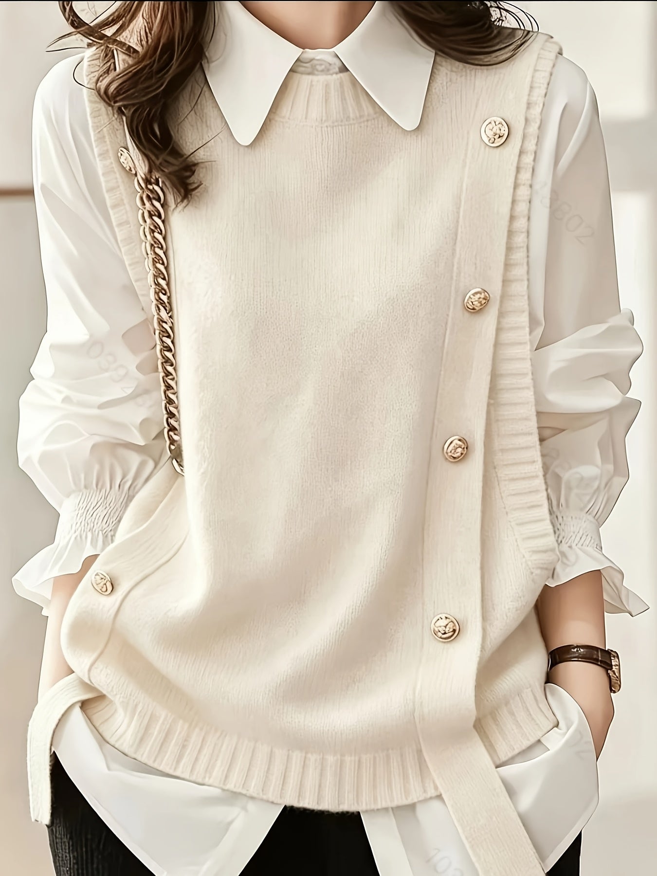 Chaleco de Suéter Cómodo para Mujeres con Cuello Redondo Sin Mangas y Detalle de Botones en Estilo Relajado y Oversized