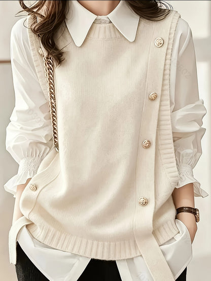 Chaleco de Suéter Cómodo para Mujeres con Cuello Redondo Sin Mangas y Detalle de Botones en Estilo Relajado y Oversized