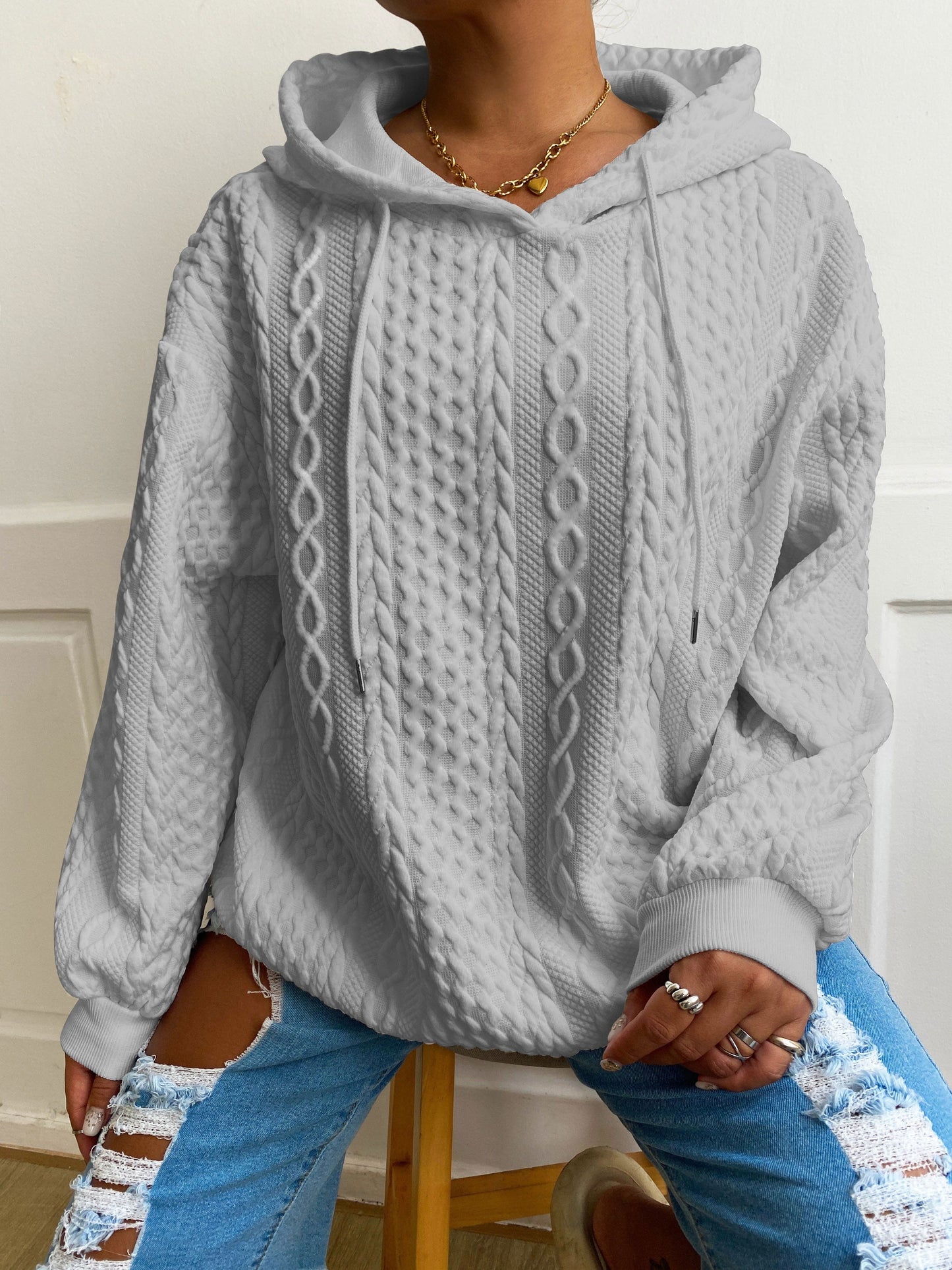 Sudadera de Punto Trenzado Cómoda para Mujeres con Capucha Ajustable de Cordón, Manga Larga, Estilo Relajado y Oversized