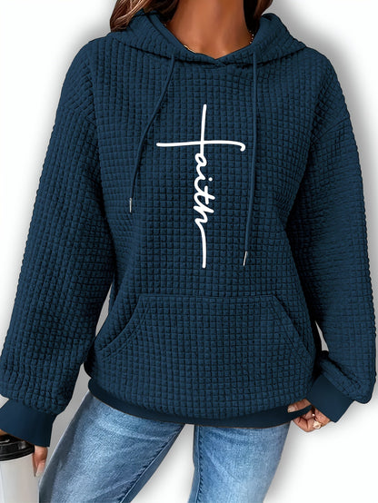 Sudadera gráfica de punto waffle cómoda para mujeres con capucha ajustable, de manga larga y estilo oversized