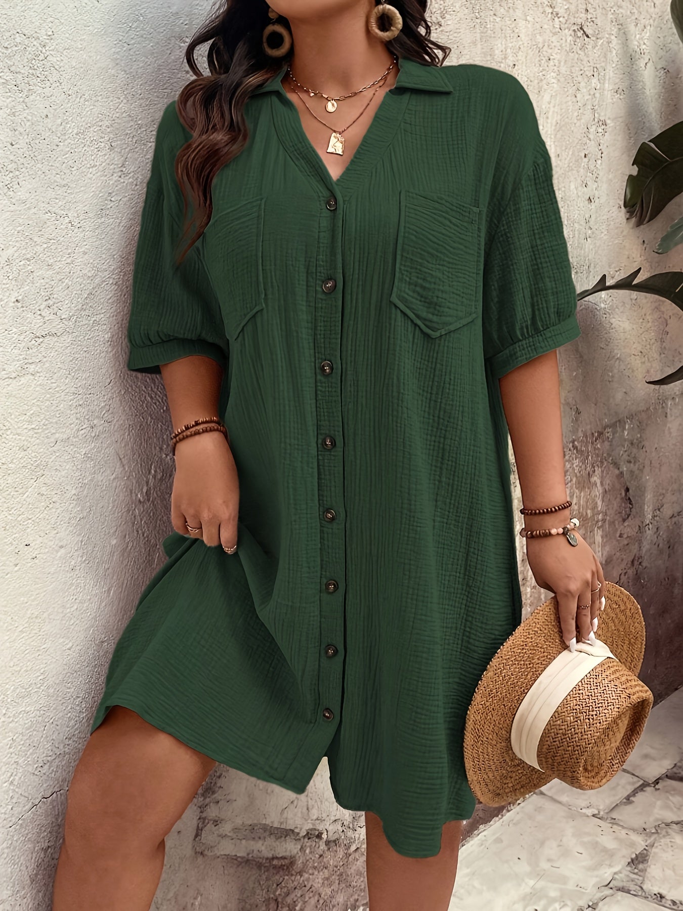Vestido Camisero de Algodón Texturizado Sin Esfuerzo para Mujeres con Cuello en V, Manga Corta y Botones, Estilo Casual Relajado