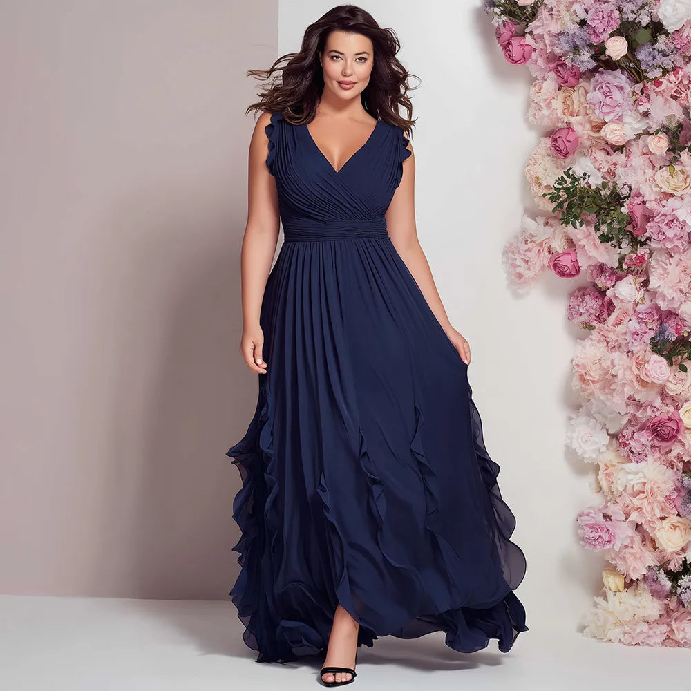 Elegante Vestido Maxi Azul Marino para Mujeres con Escote en V, Tirantes con Volantes y Cintura Fruncida para Invitadas de Boda