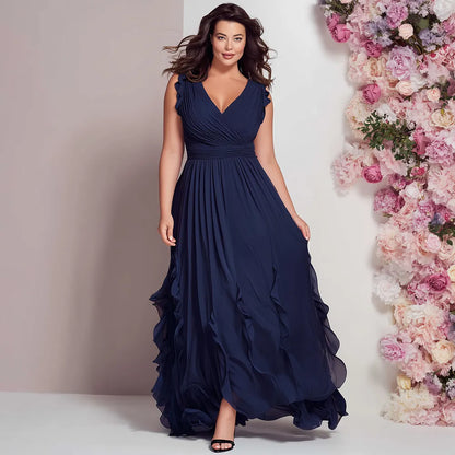 Elegante Vestido Maxi Azul Marino para Mujeres con Escote en V, Tirantes con Volantes y Cintura Fruncida para Invitadas de Boda