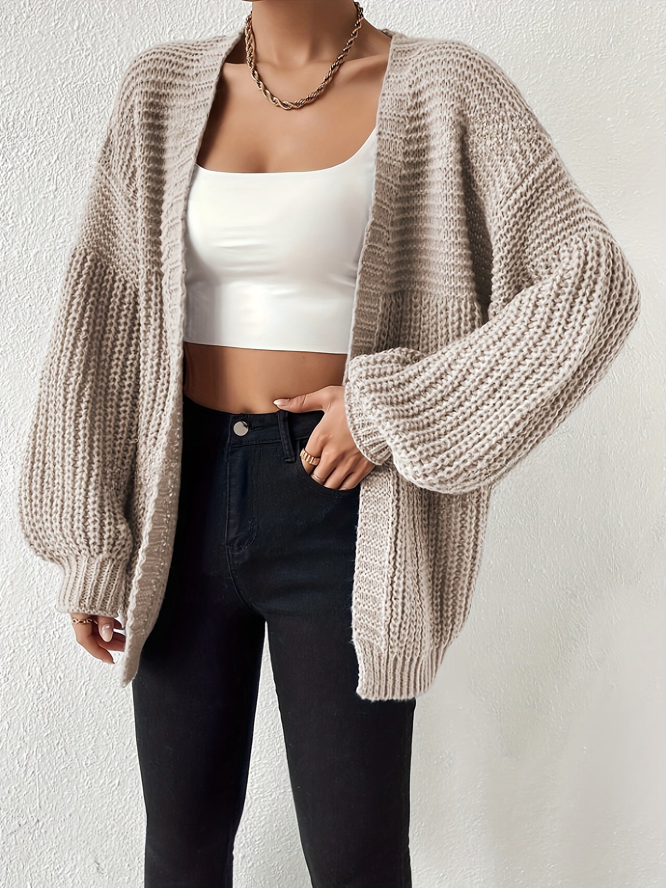Cárdigan de Punto Grueso Cómodo para Mujeres con Frente Abierto y Mangas Globo, Estilo Oversized y Relajado