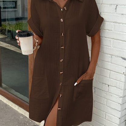 Vestido Camisa Texturizado Sin Esfuerzo para Mujeres con Cuello, Manga Corta, Botones Frontales, Estilo Casual Relajado